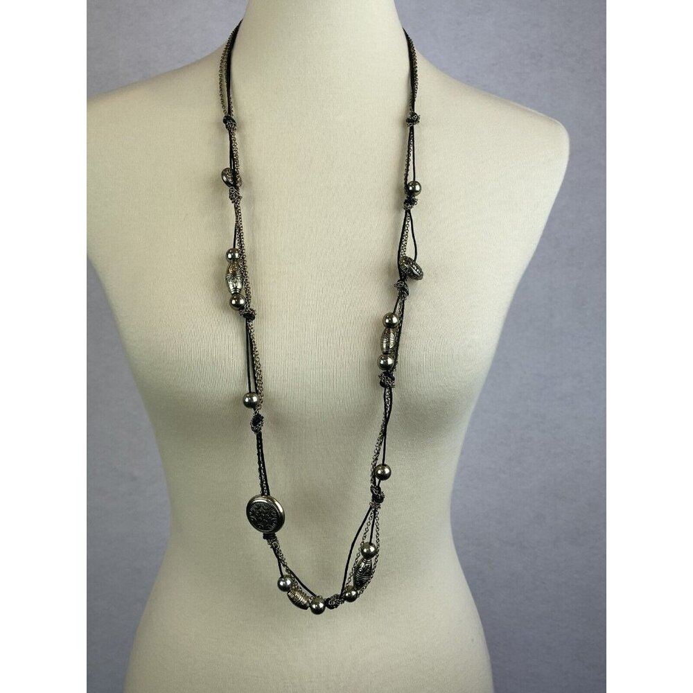 Black And Silver Beaded Layered Necklace Long Beads Chains